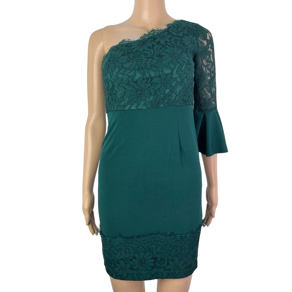 New Lulus Bodycon One Shoulder Lace Emerald Green Party Cocktail Mini Dress
